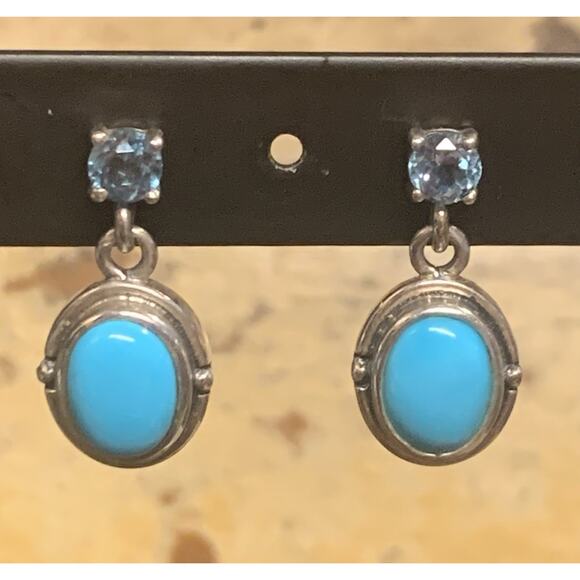 Sterling Silver, Sleeping Beauty Turquoise and Blue Topaz Dangle Earrings by NF - Picture 1 of 6